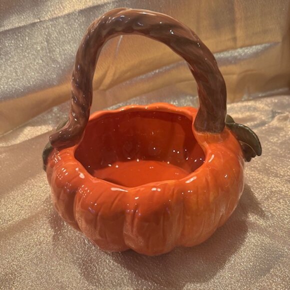 Vintage Harvest Ceramic Pumpkin Basket - New - Picture 2 of 6